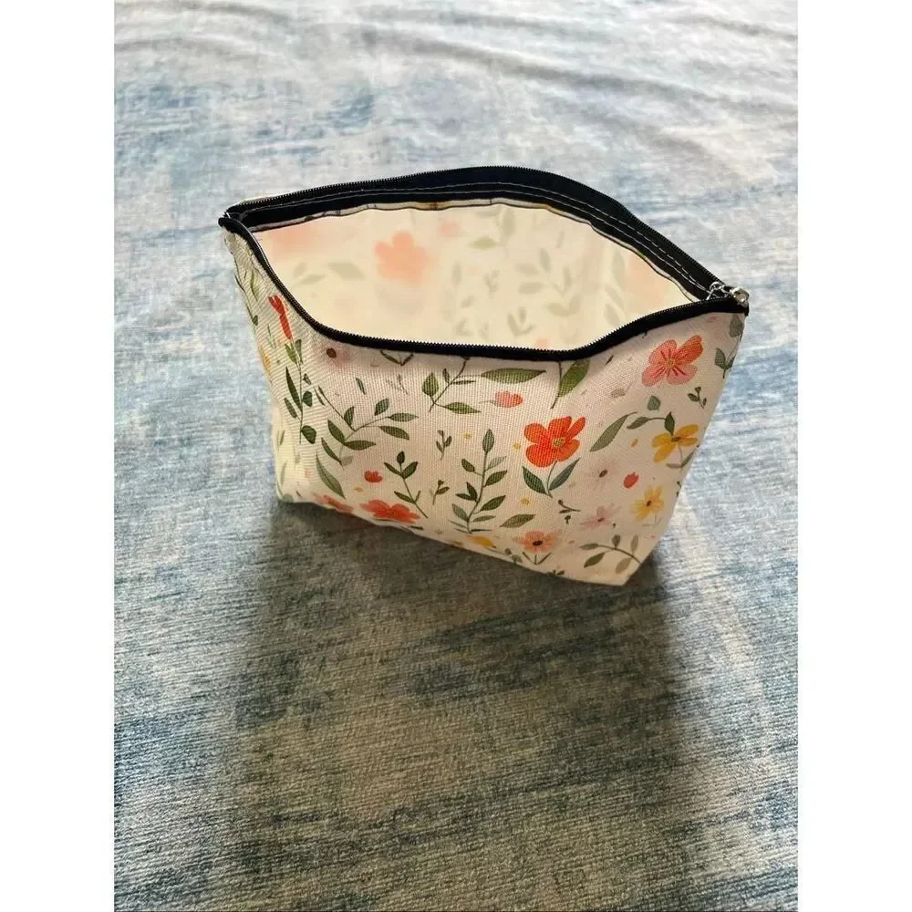 Orange Yellow Flower Cotton Canvas Small Makeup Bag Travel Toiletry Pouch